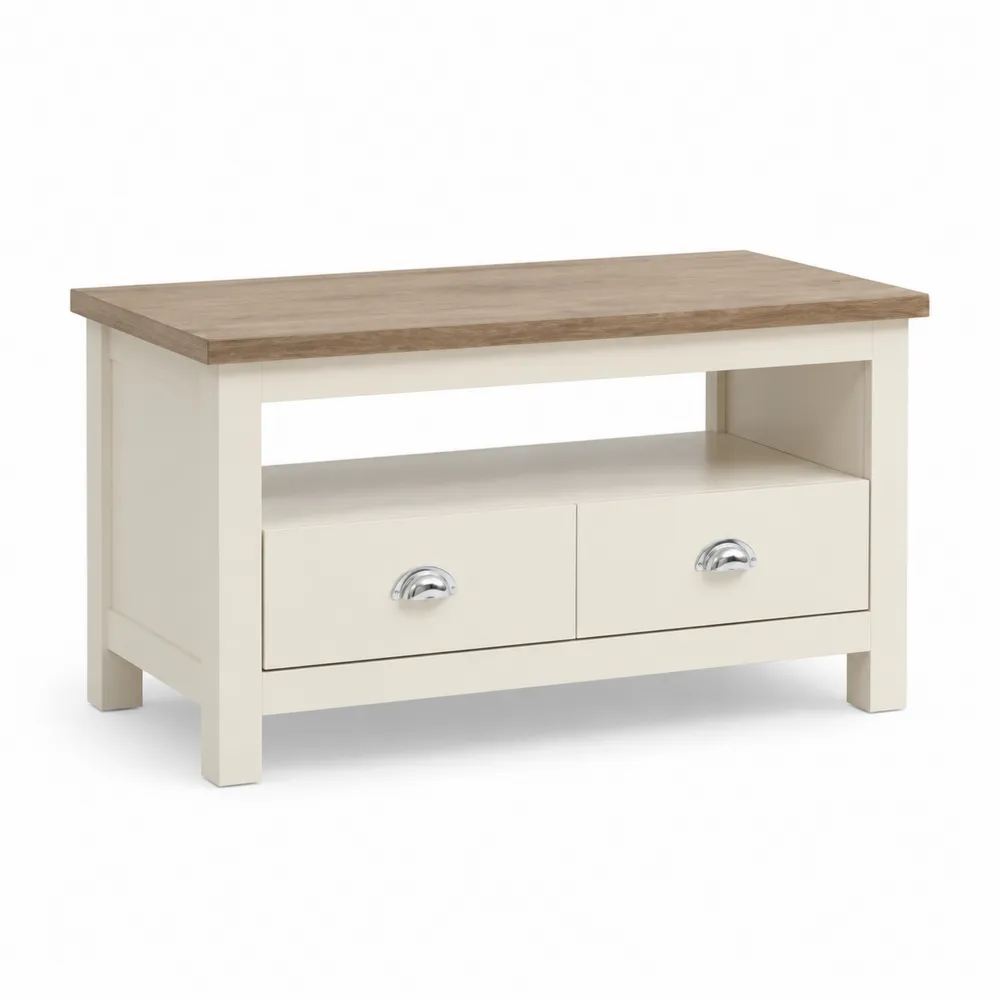 Meuble TV en Bois et Chêne avec Tiroirs 90x45x40 cm Blanc/Crème