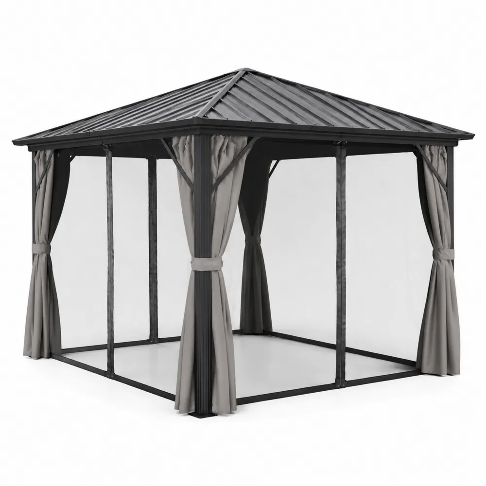 Tonnelle de Jardin en Aluminium Noir avec Rideaux en Polyester Gris