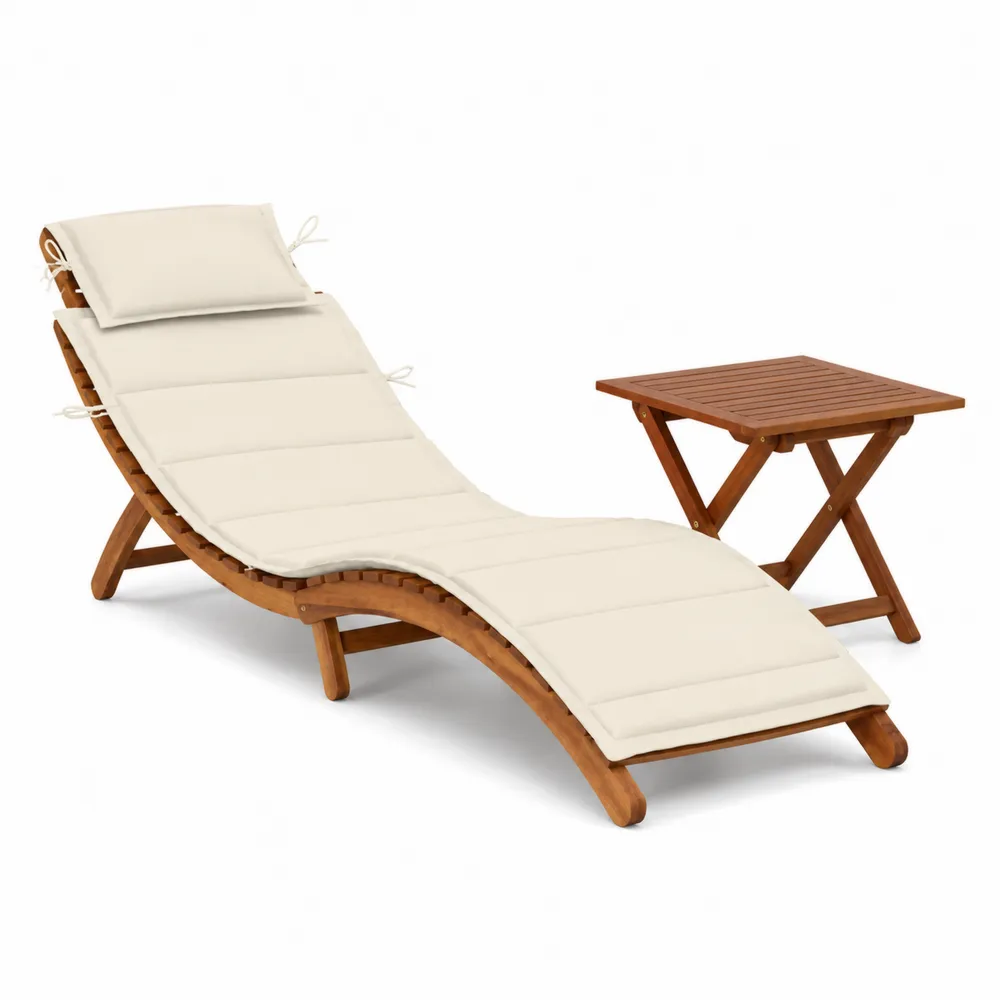 Chaise Longue en Bois avec Table et Coussin Crème