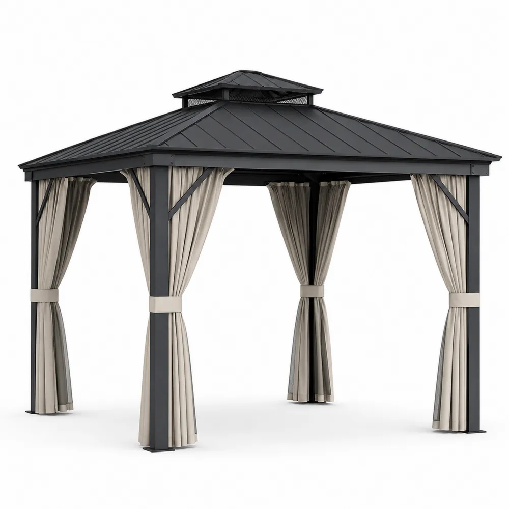 Pavillon en Métal avec Rideaux en Polyester 300x300 cm