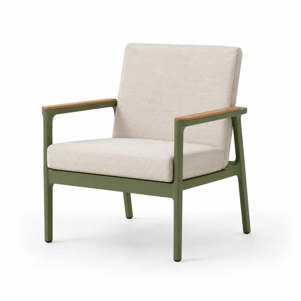 Fauteuil en Métal avec Revêtement en Polyester Beige et Accoudoirs en Bois