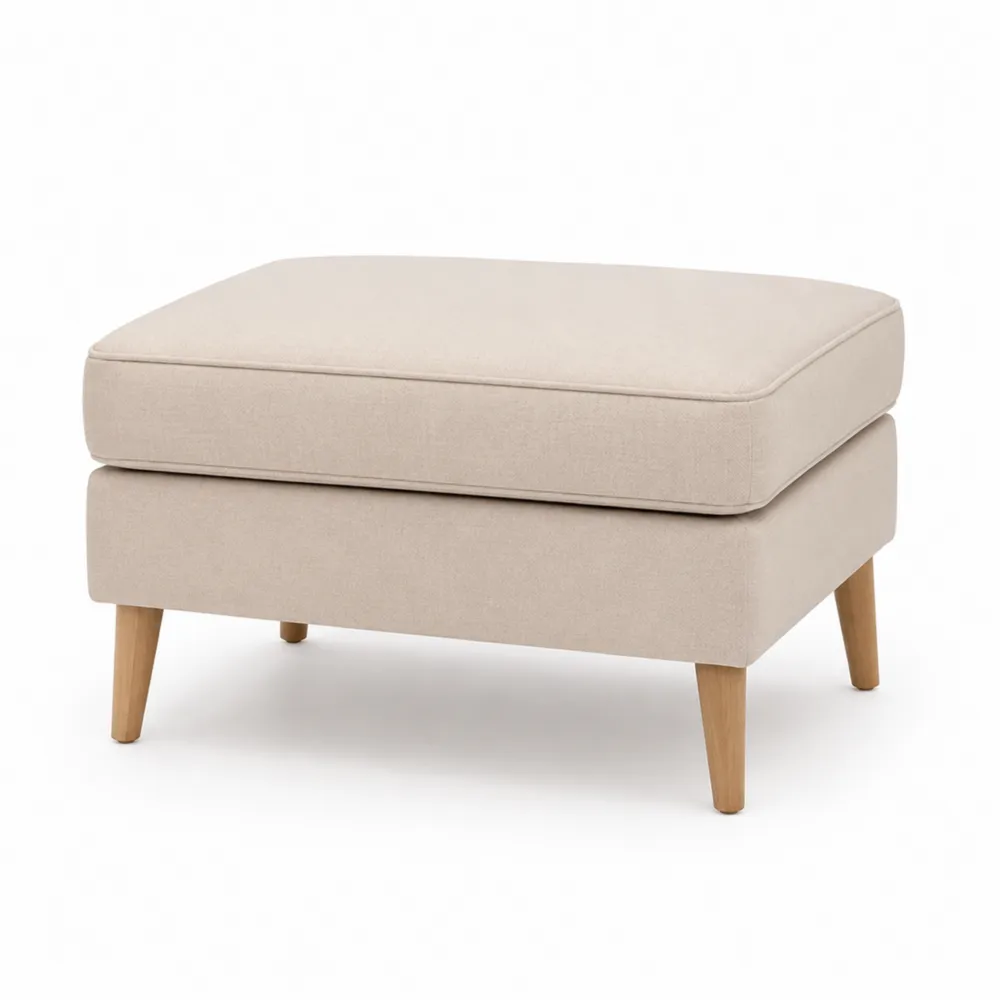 Repose-pieds en lin beige avec pieds en bois