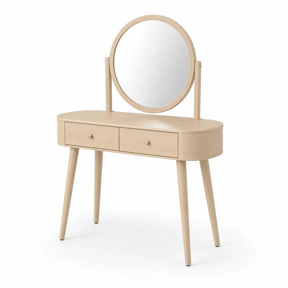 Coiffeuse en Bois avec Miroir Rond et 2 Tiroirs