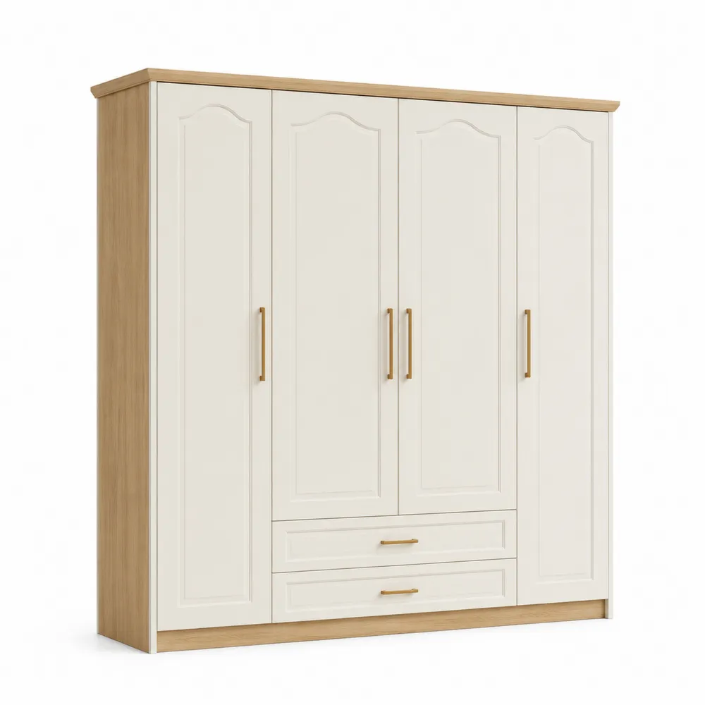 Armoire 4 portes en MDF Blanc/Crème avec poignées en acier