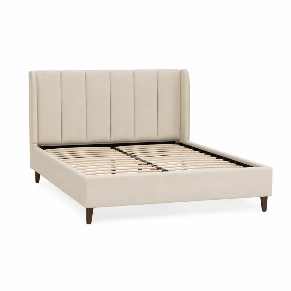 Lit double en bois et tissu Beige 140 x 200 cm