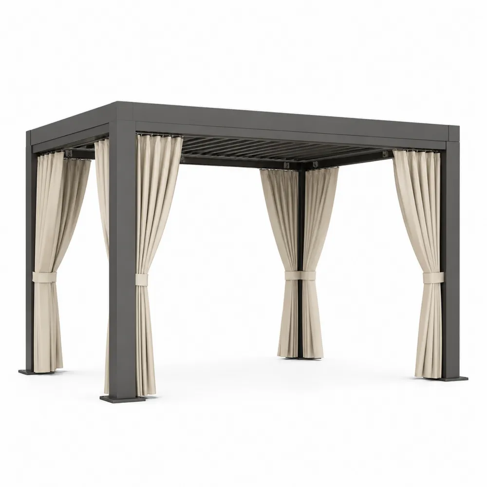 Pavillon de Jardin en Métal avec Rideaux en Polyester Beige