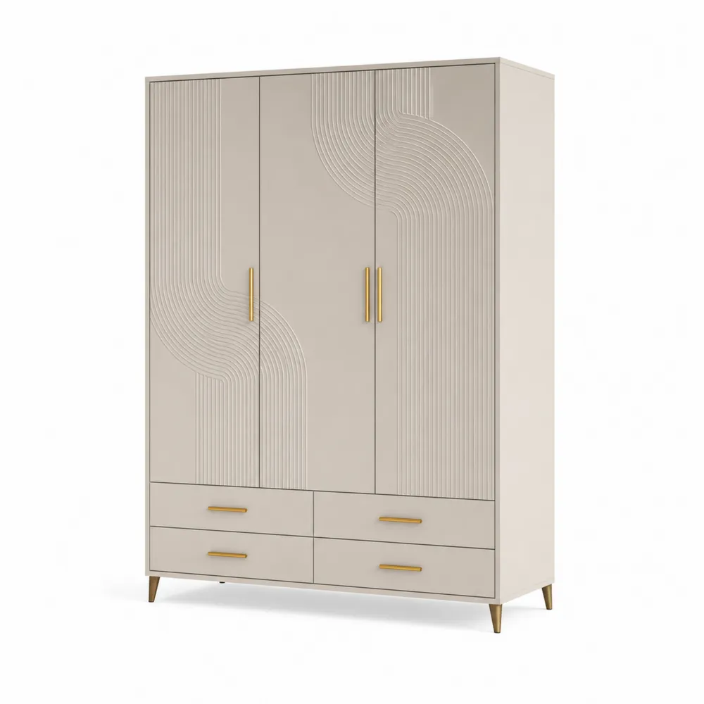 Armoire 3 Portes avec 4 Tiroirs en Bois Beige