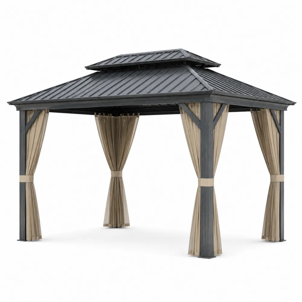Pavillon de jardin en aluminium avec rideaux en polyester Gris/Beige