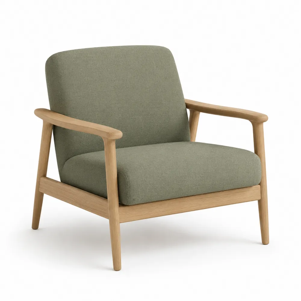Fauteuil en tissu polyester vert avec cadre en chêne