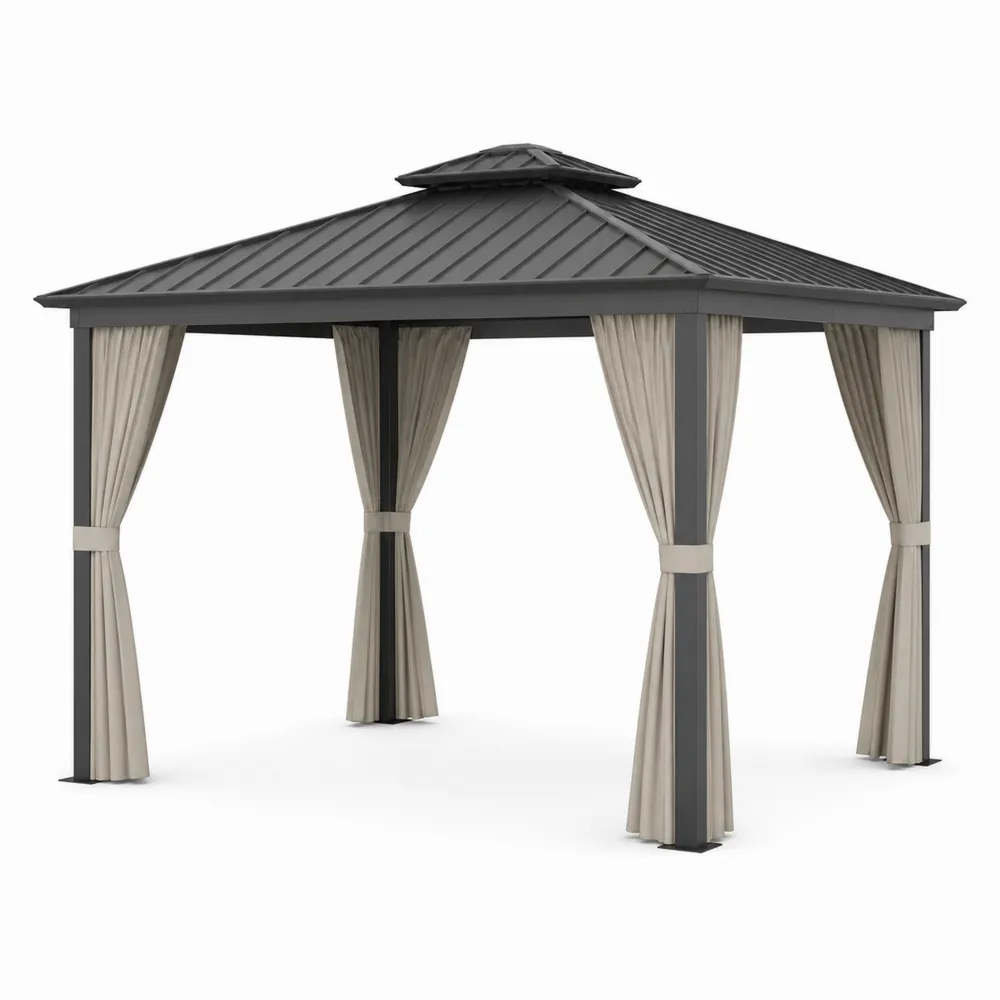 Pavillon de jardin en aluminium avec toit en métal et rideaux polyester beige