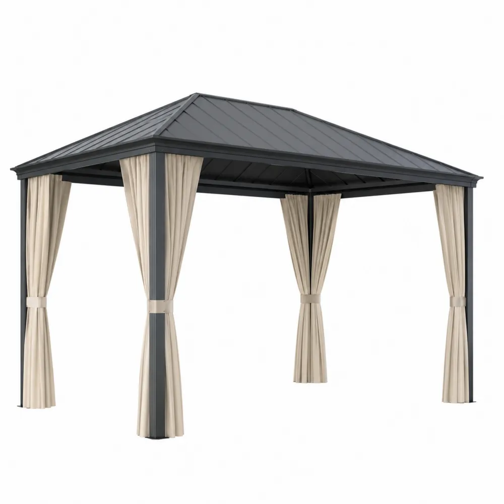 Tonnelle de Jardin en Aluminium avec Rideaux en Polyester Beige 3x4m
