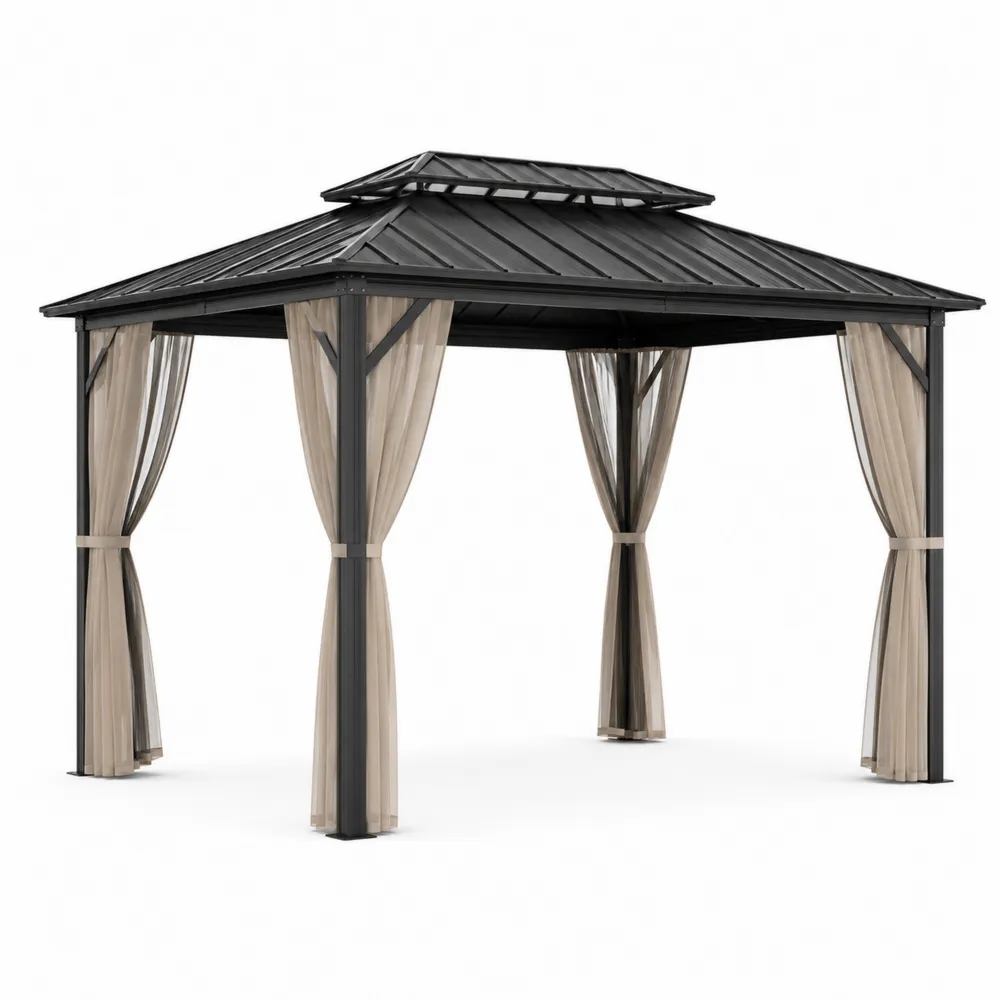 Pavillon de jardin en aluminium noir avec toit en acier galvanisé et rideaux en polyester beige