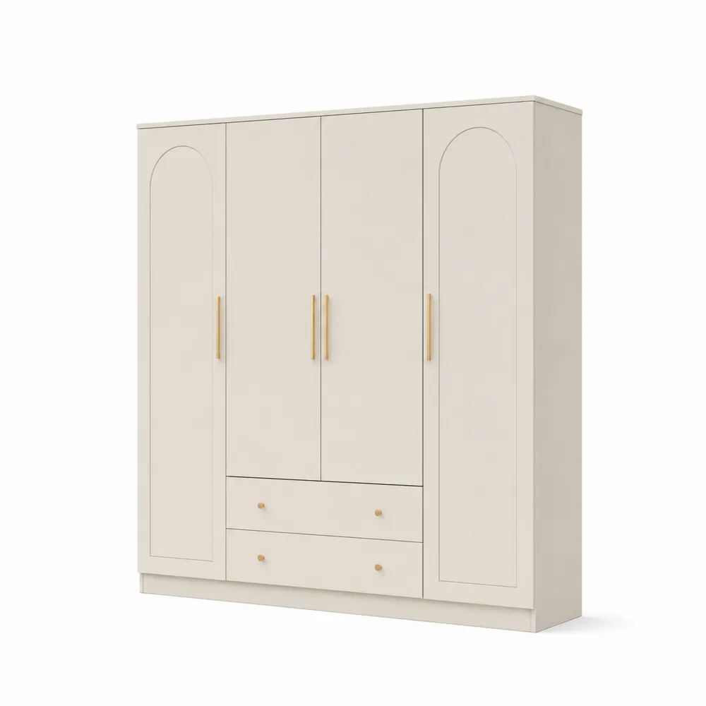 Armoire Ivoire 4 Portes avec Tiroirs en Bois