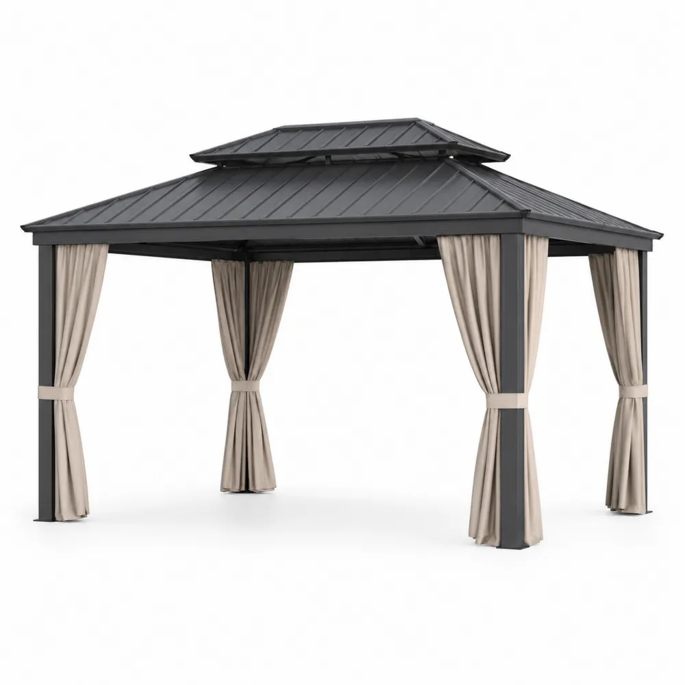 Pavillon de jardin en aluminium avec toit en acier et rideaux en polyester