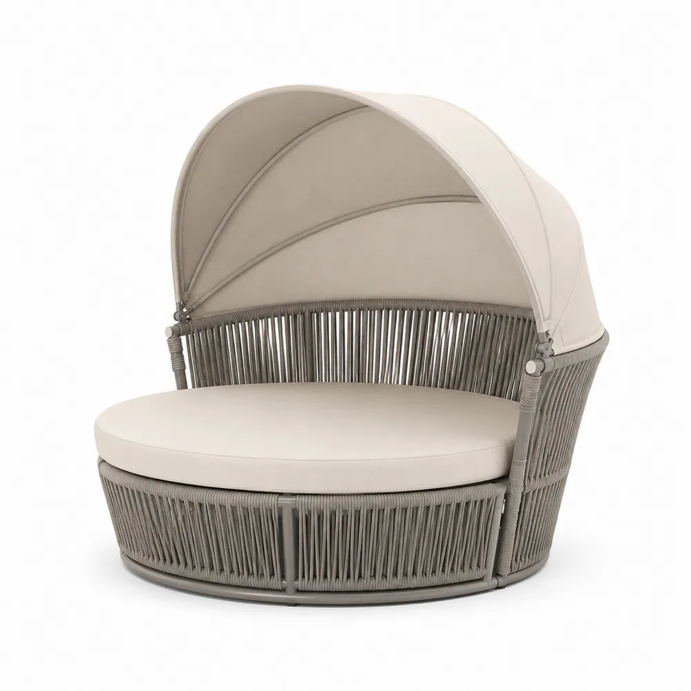 Lit de jardin rond en aluminium avec auvent et coussin beige