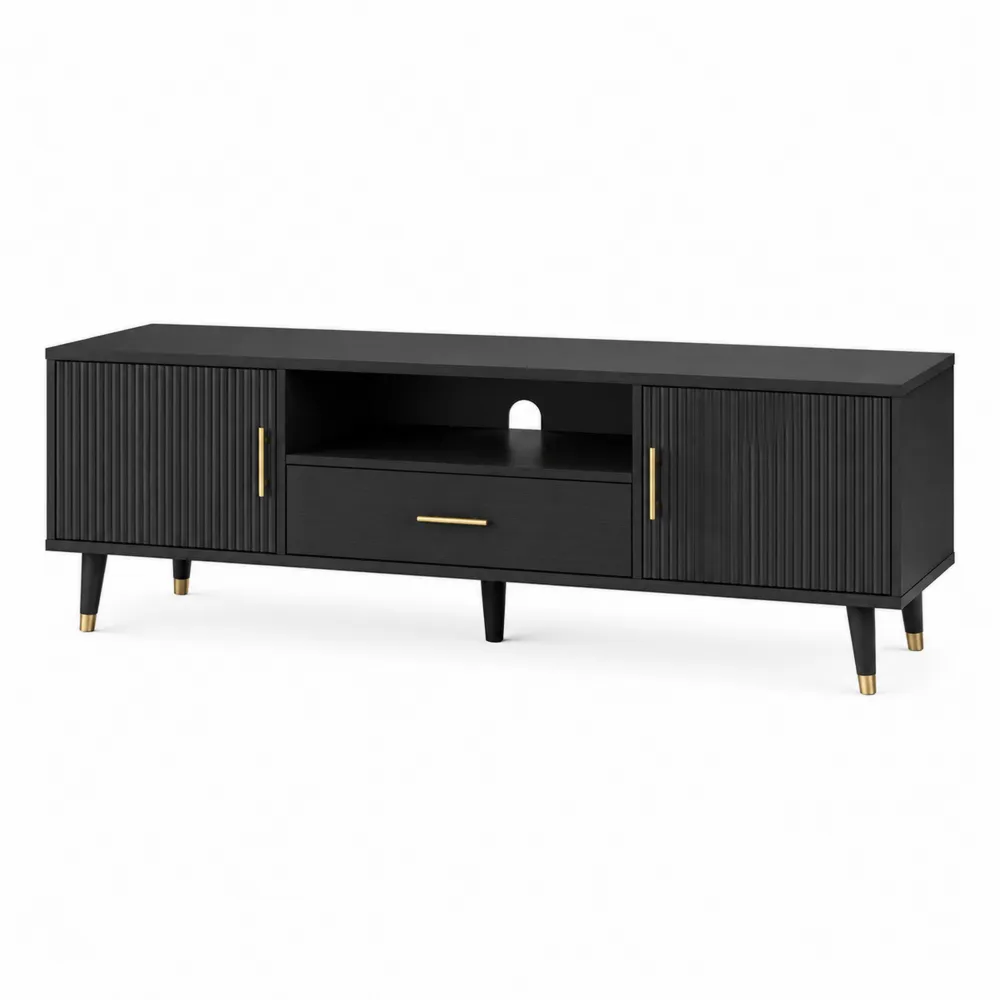 Meuble TV en MDF noir et placage chêne