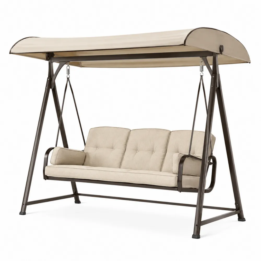 Balancelle 3 places en métal avec coussins en tissu Beige