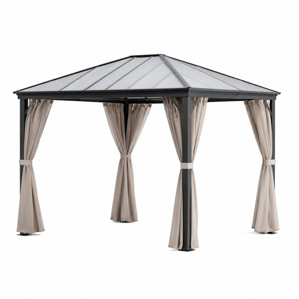 Pavillon de Jardin en Aluminium et Toit en Polycarbonate avec Rideaux Beiges