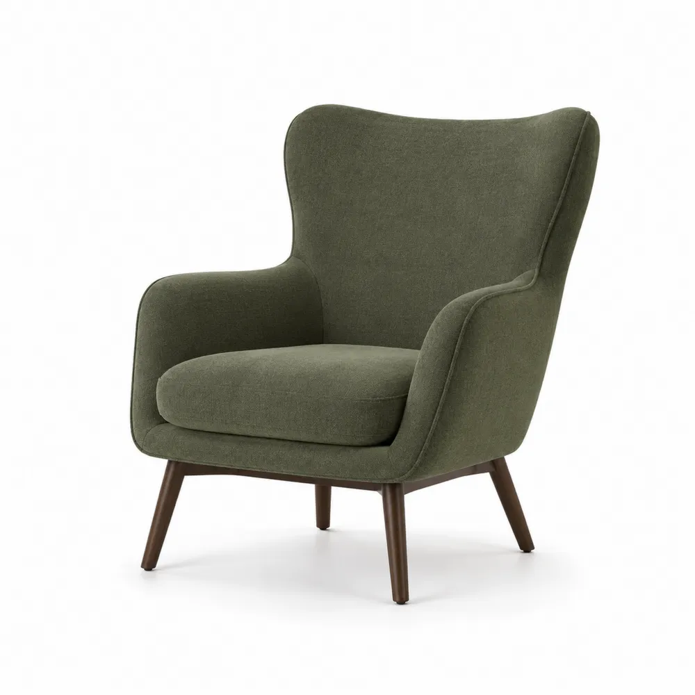 Fauteuil en polyester avec dossier incurvé et pieds en bois, Vert profond