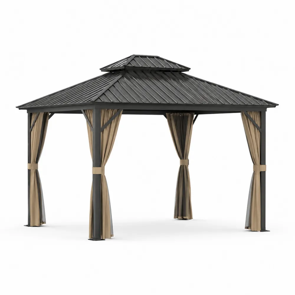 Tonnelle de jardin en aluminium avec toit en acier et rideaux