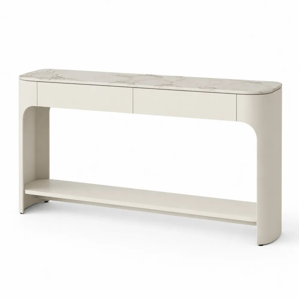 Console en bois avec plateau en marbre blanc, 120 cm