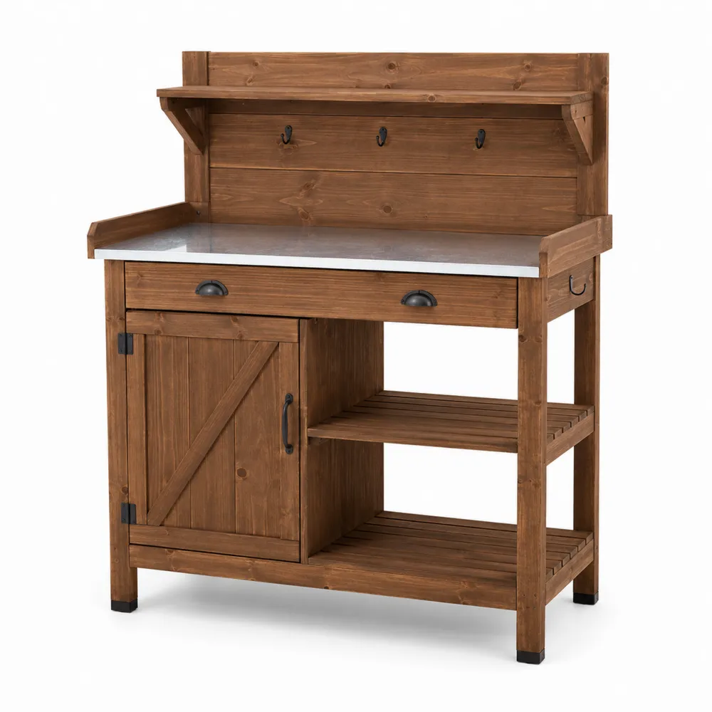 Établi de jardinage en bois avec étagères et plateau en métal galvanisé 102 cm