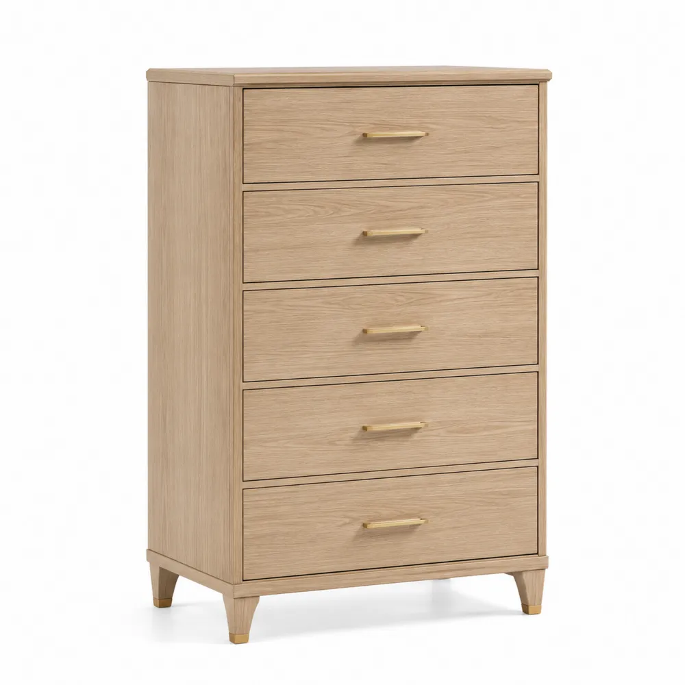 Commode 5 tiroirs en bois avec poignées dorées