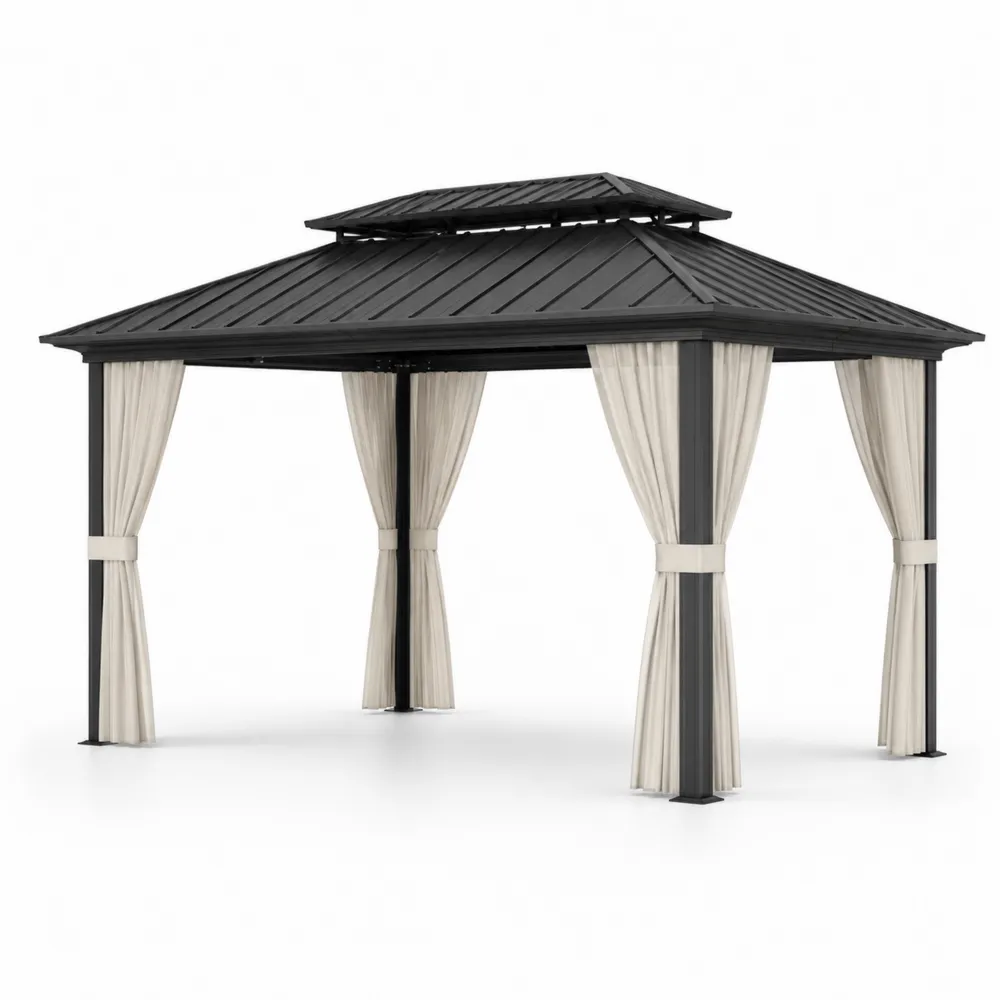 Pavillon de Jardin en Métal Noir avec Rideaux en Polyester Beige