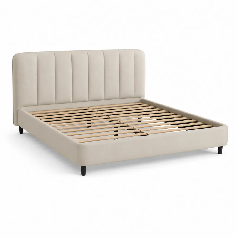 Lit double 140x200 cm en similicuir beige avec tête de lit et lattes en bois