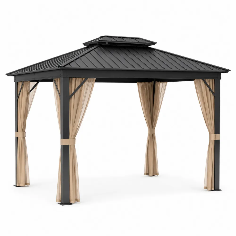 Tonnelle en aluminium avec toit en acier et rideaux en polyester