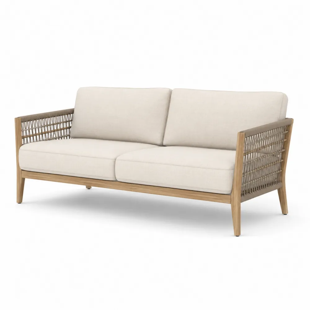 Canapé deux places en bois et tissu beige