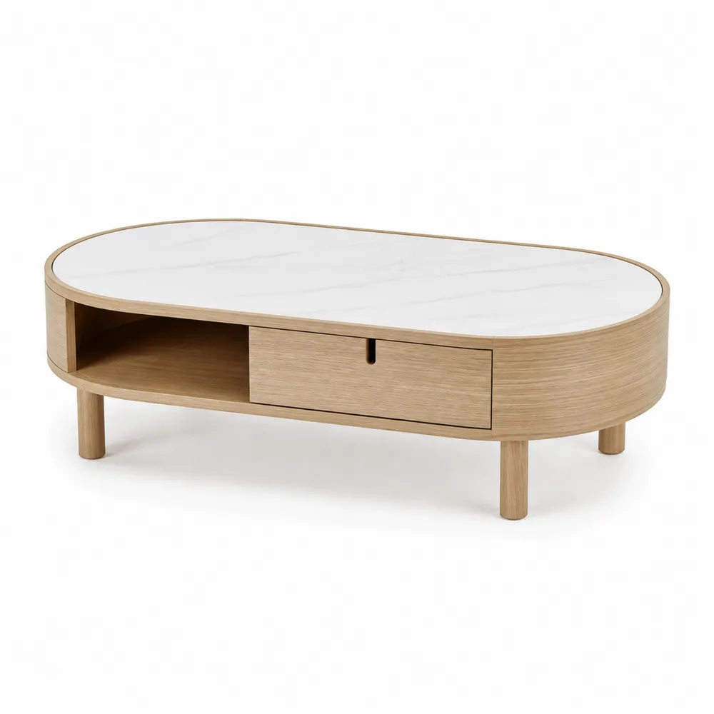 Table basse en bois avec plateau en marbre et tiroir