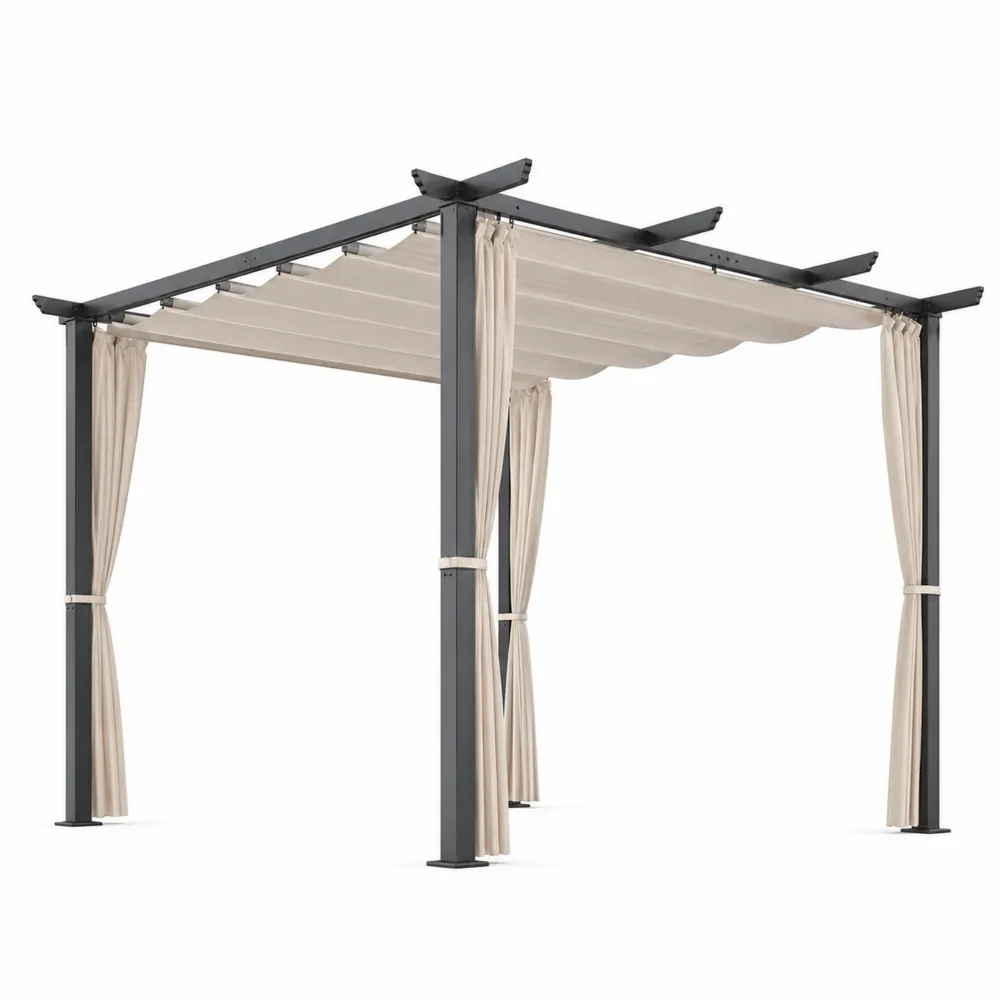 Pavillon de jardin en métal avec rideaux en polyester Crème