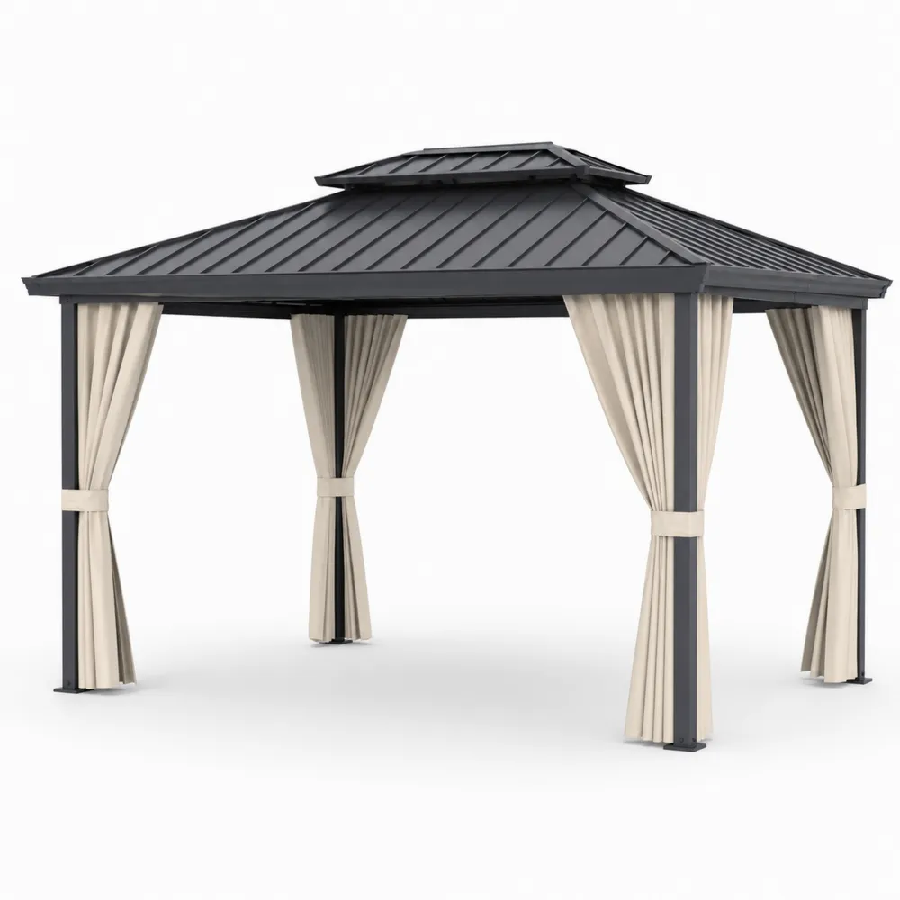 Pavillon en Aluminium avec Toit en Métal et Rideaux en Polyester 3x4m Noir/Beige