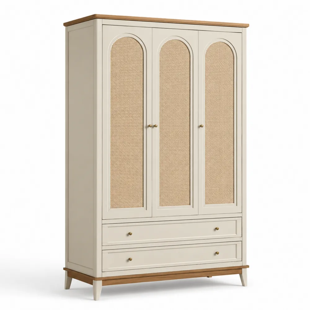Armoire 3 portes en bois et rotin Beige et Naturel