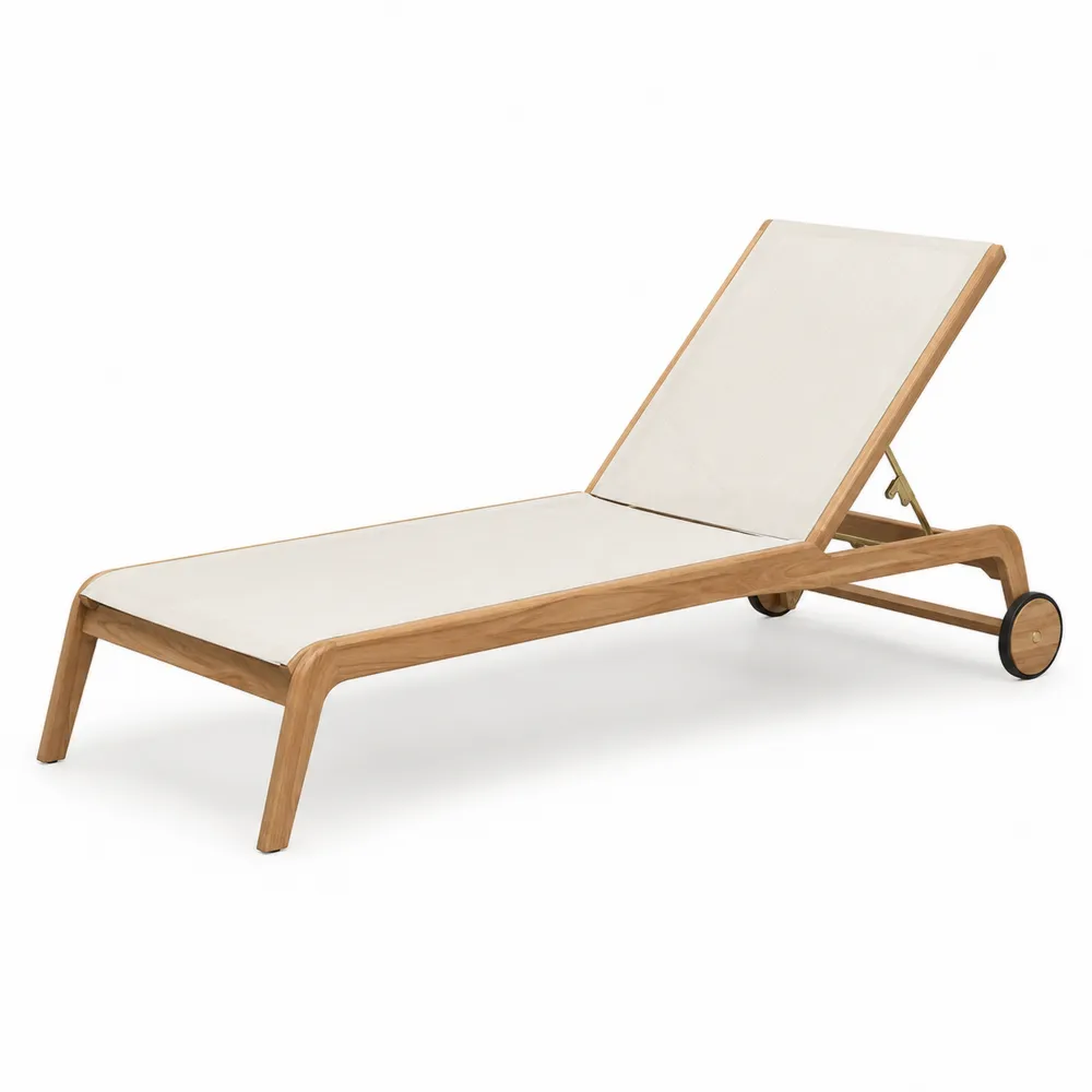 Chaise longue en bois et tissu beige avec roulettes
