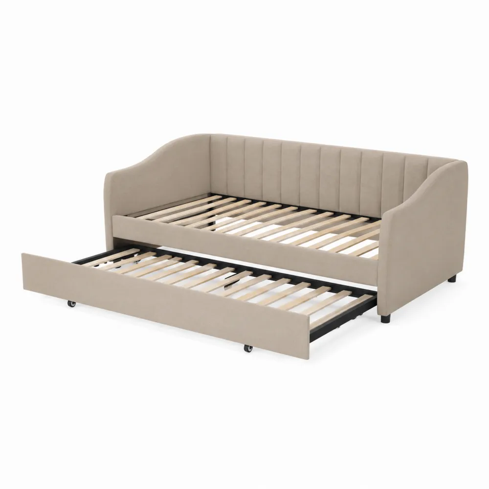 Lit de jour en bois avec tiroir en tissu Polyester Beige