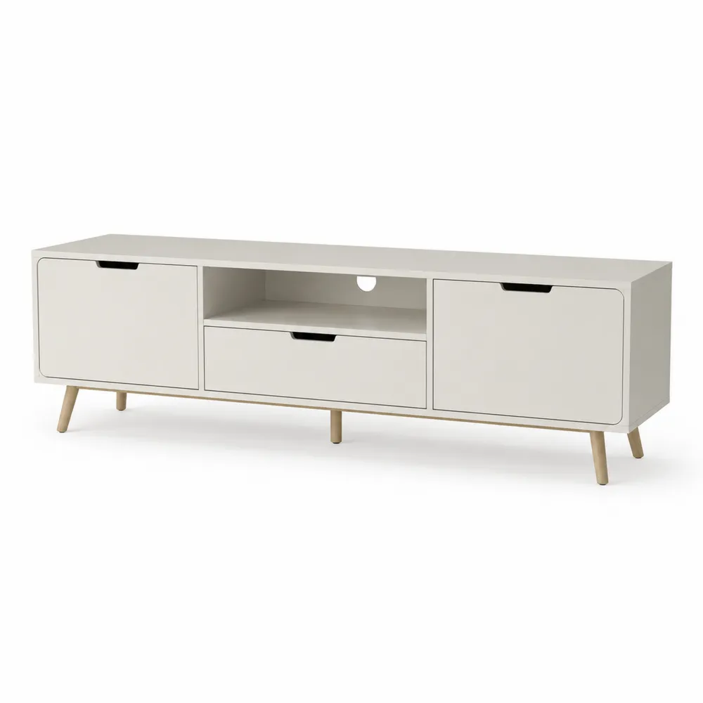 Meuble TV en MDF Blanc avec Pieds en Bois 180 cm