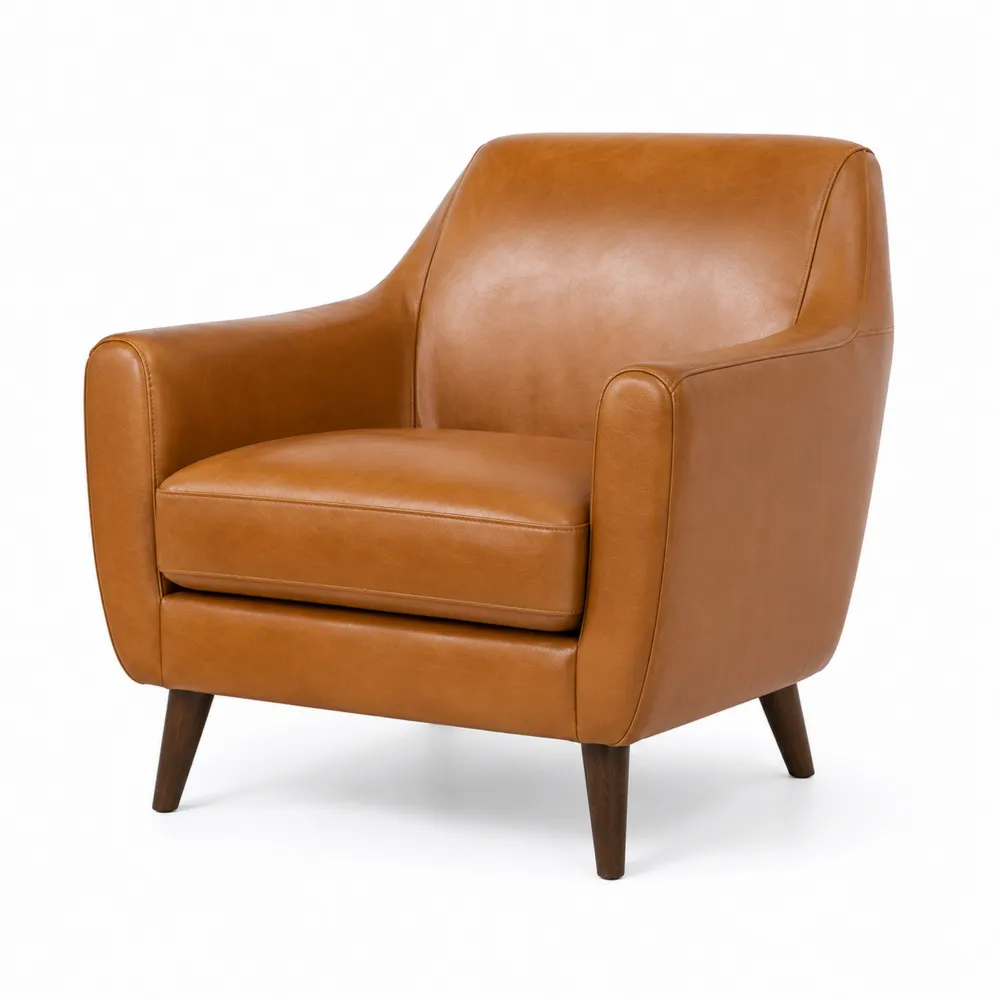 Fauteuil en cuir synthétique marron avec pieds en bois