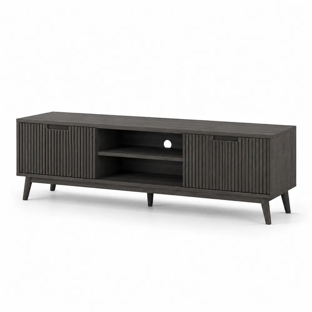 Meuble TV en bois MDF foncé 160 cm avec portes rainurées
