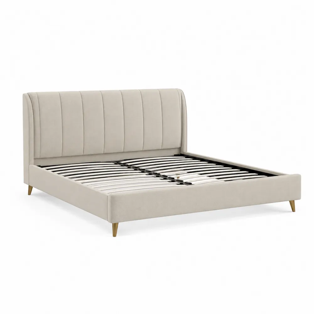 Lit double en bois avec tête de lit en polyester et pieds en métal 160x200 cm