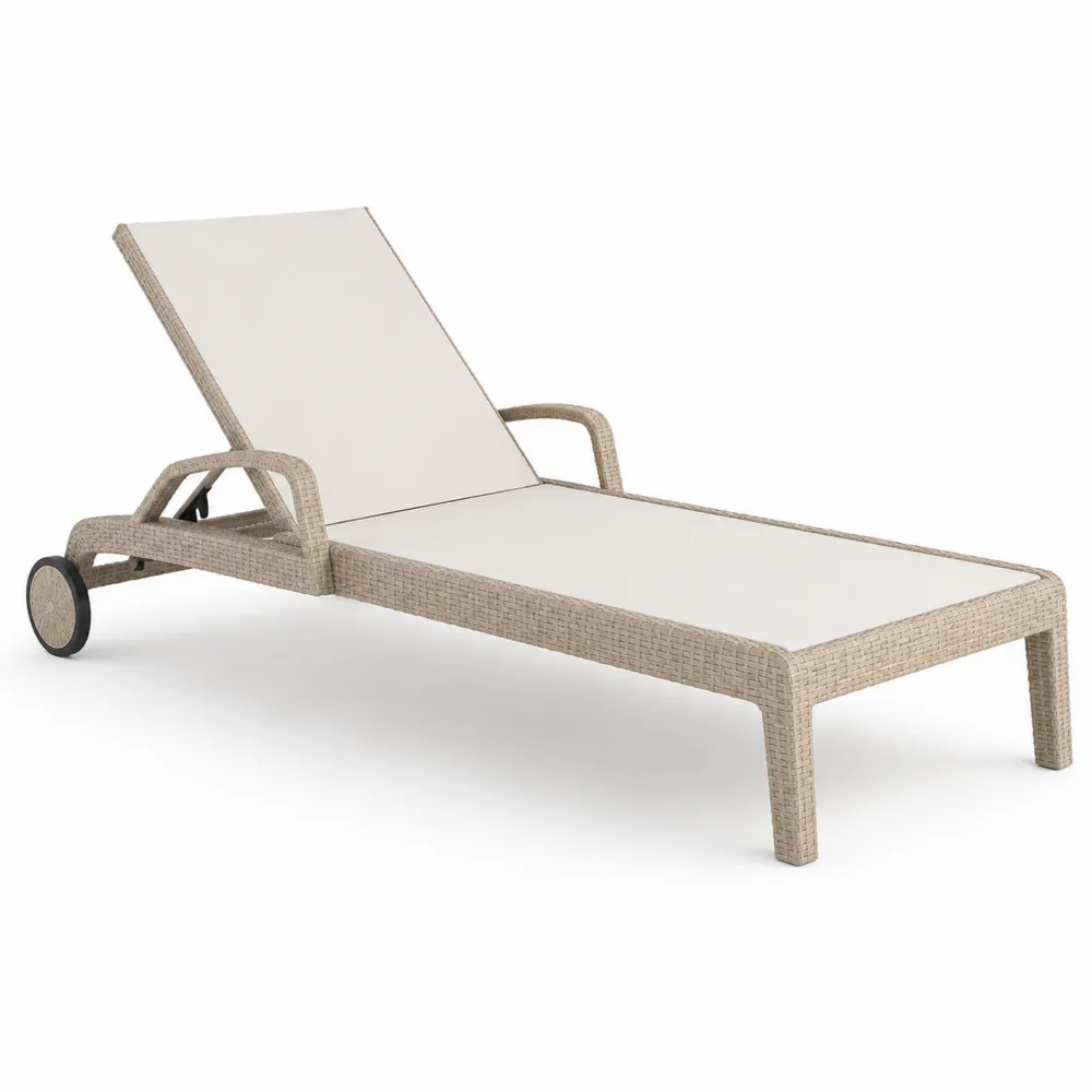 Chaise Longue en Résine Tressée Beige Réglable avec Coussin