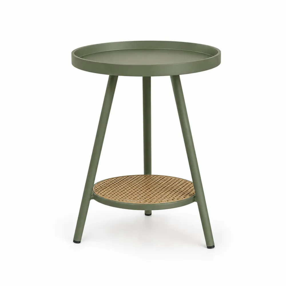 Table d'appoint ronde en métal avec étagère en rotin