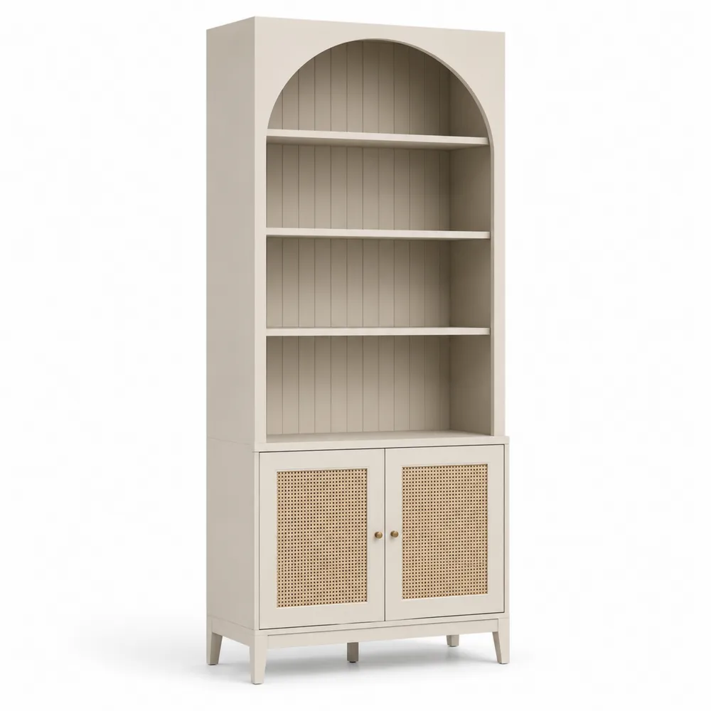 Bibliothèque en bois et rotin beige 180x80x40cm