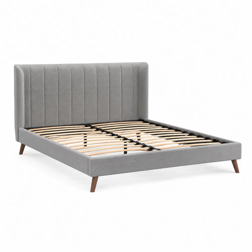 Lit Double en Tissu avec Sommier à Lattes en Bois