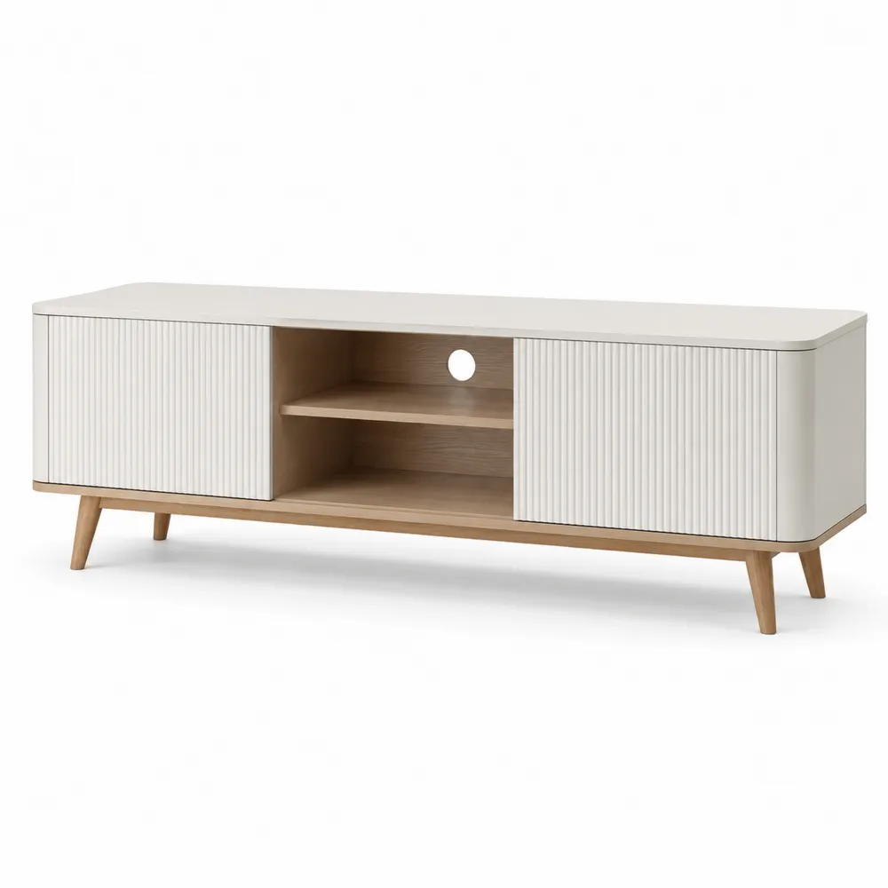 Meuble TV en bois avec portes coulissantes blanches