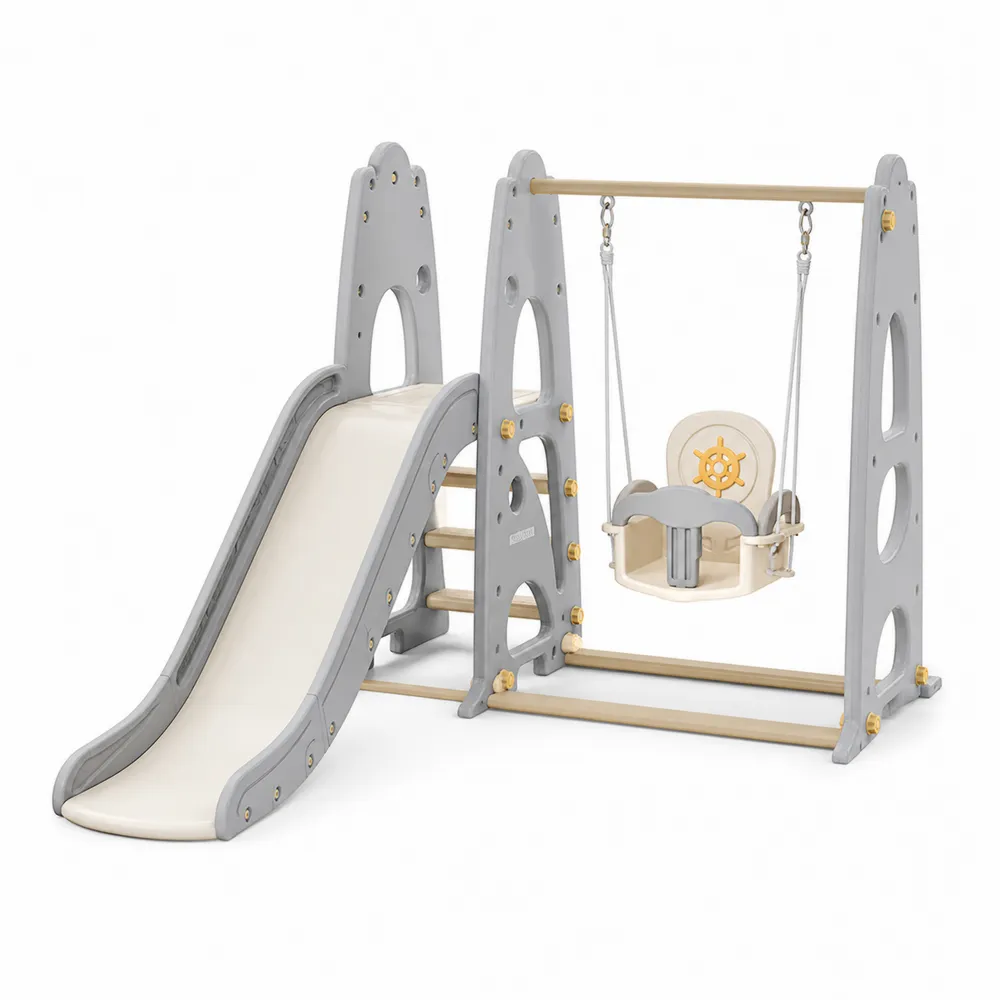 Toboggan et Balançoire pour Enfants en Polyéthylène Gris et Ivoire