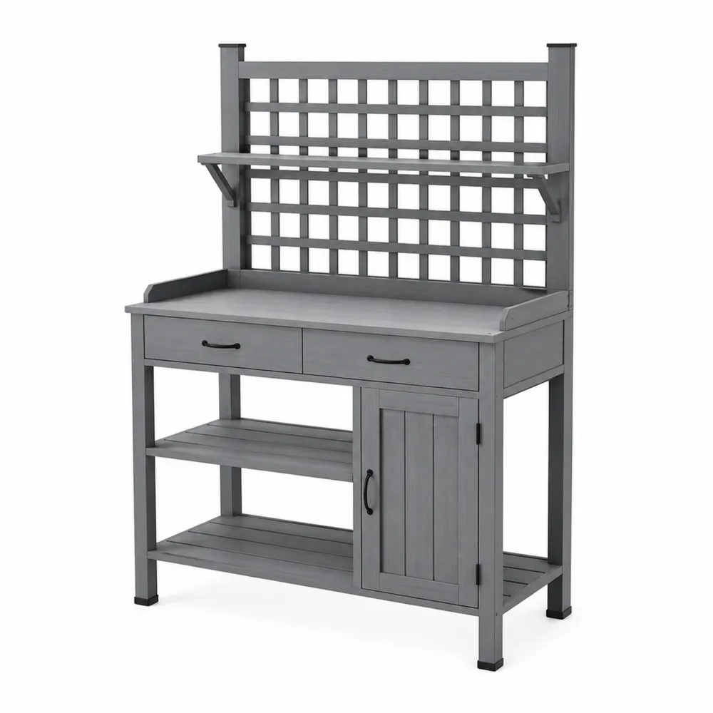 Table de culture en bois d'acacia avec étagères et tiroirs Gris