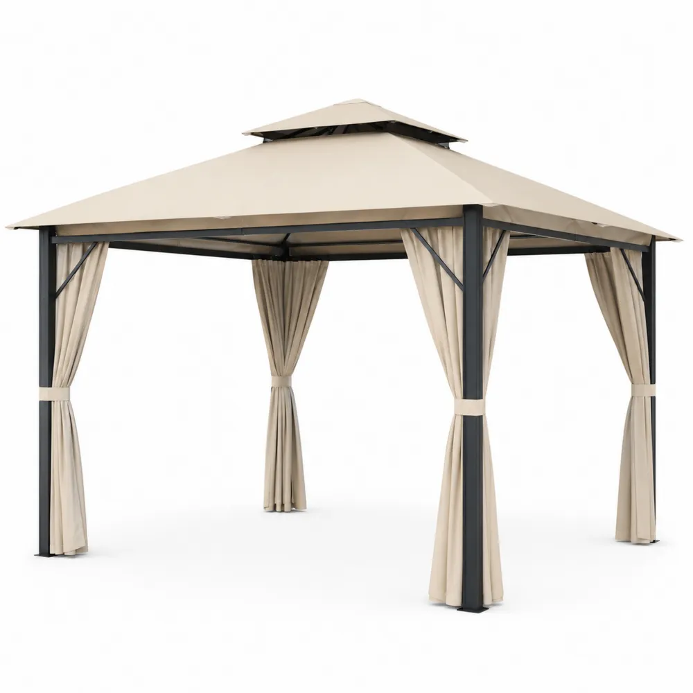 Tonnelle de Jardin en Métal avec Toit en Polyester et Rideaux Beige