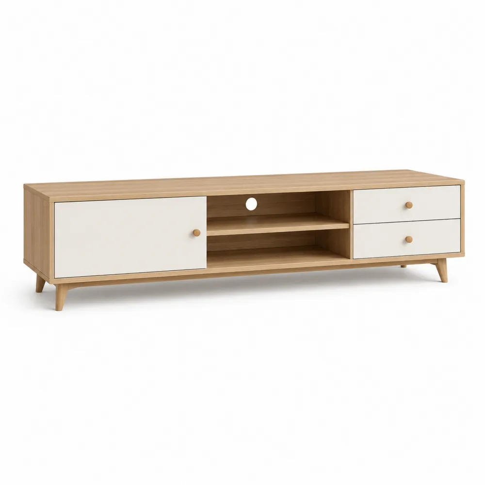 Meuble TV en bois avec portes blanches et tiroirs 180x40x50 cm